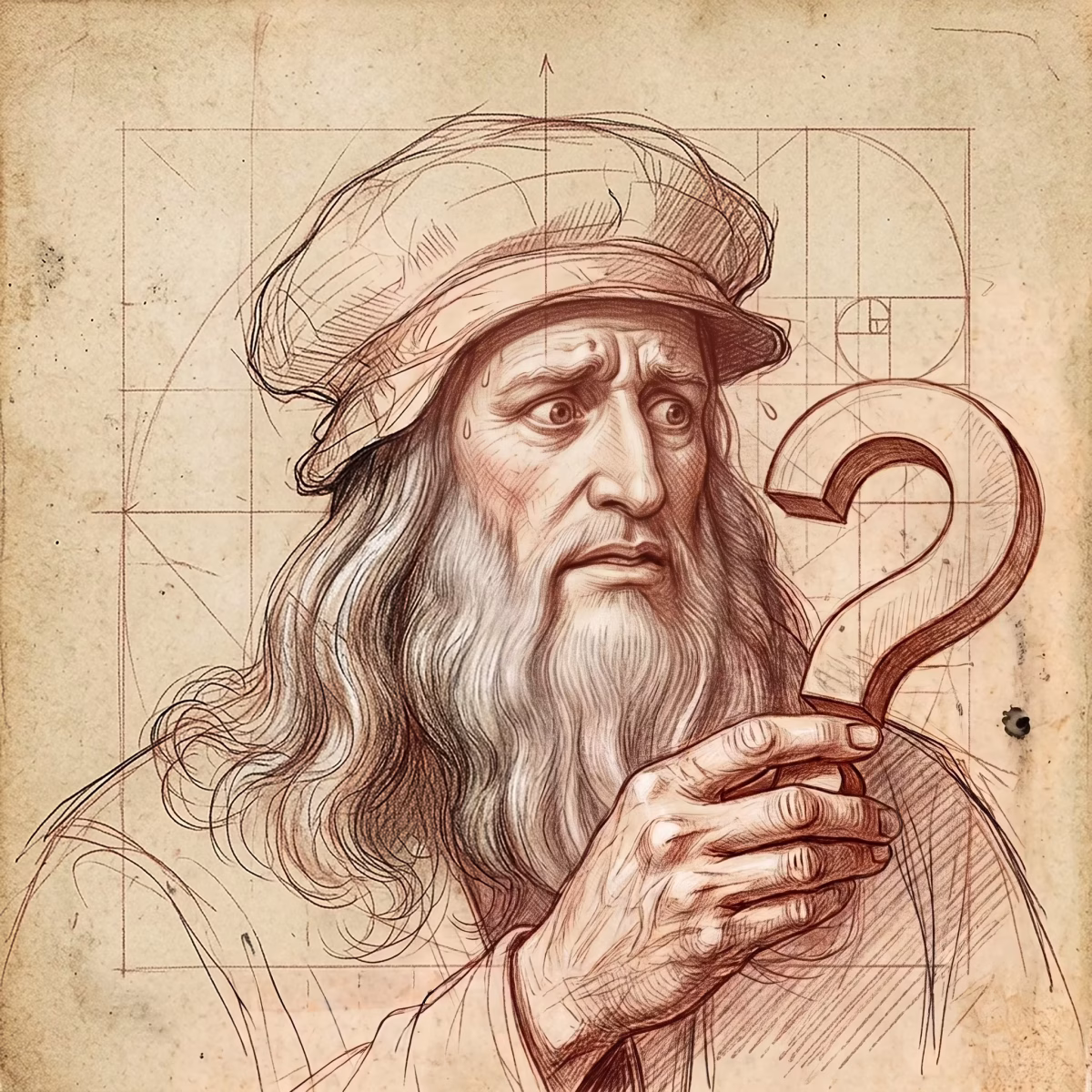 Szkic Leonardo da Vinci nie znającego odpowiedzi - odpowiedź na nie, otrzymasz wybierając jedną ze ścieżek edukacyjnych w Prywatnym Liceum Ogólnokształcącym Leonardo SVS akredytowanego w IBO w Szczecinie.