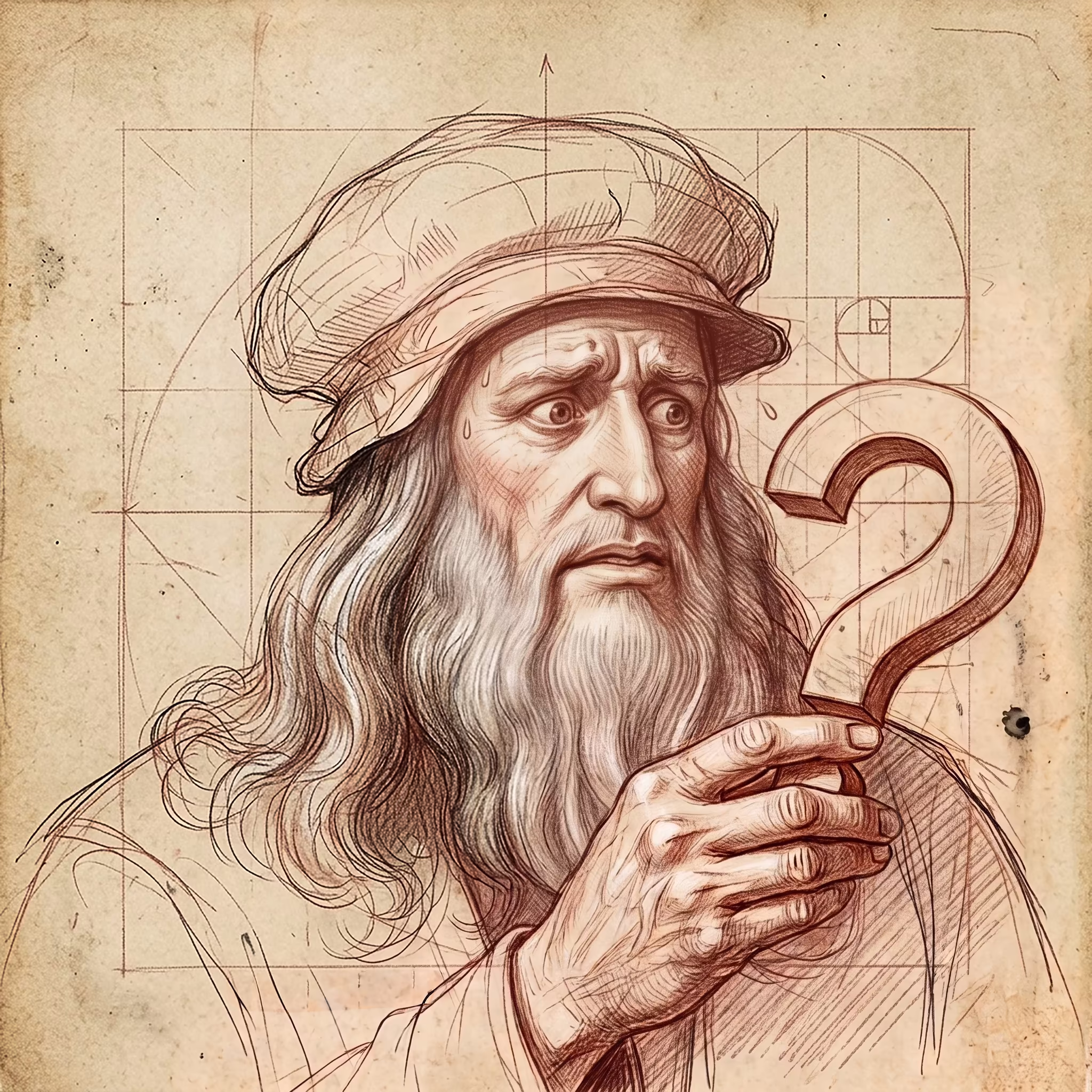 Szkic Leonardo da Vinci nie znającego odpowiedzi - odpowiedź na nie, otrzymasz wybierając jedną ze ścieżek edukacyjnych w Prywatnym Liceum Ogólnokształcącym Leonardo SVS akredytowanego w IBO w Szczecinie.