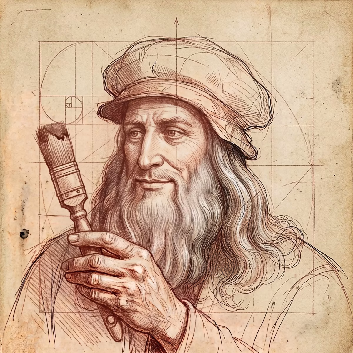 Szkic Leonardo trzymającego pędzel - zajęcia artystyczne w Liceum Ogólnokształcącym Leonardo SVS w Szczecinie