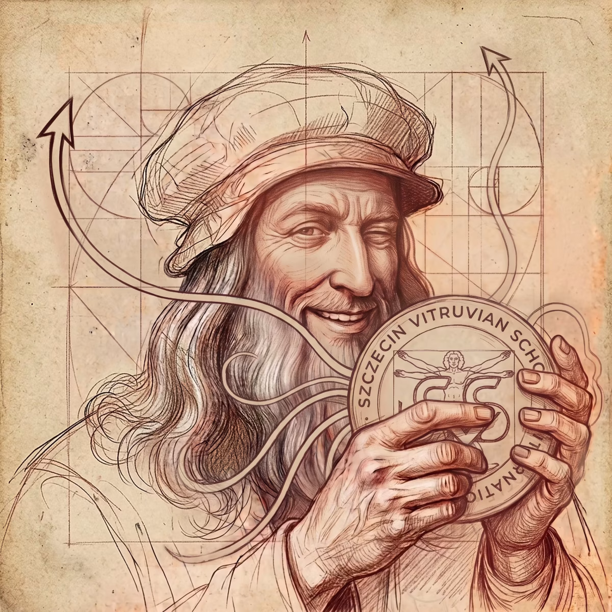 Szkic Leonardo trzymającego logo Liceum Ogólnokształcącego Leonardo SVS w Szczecinie