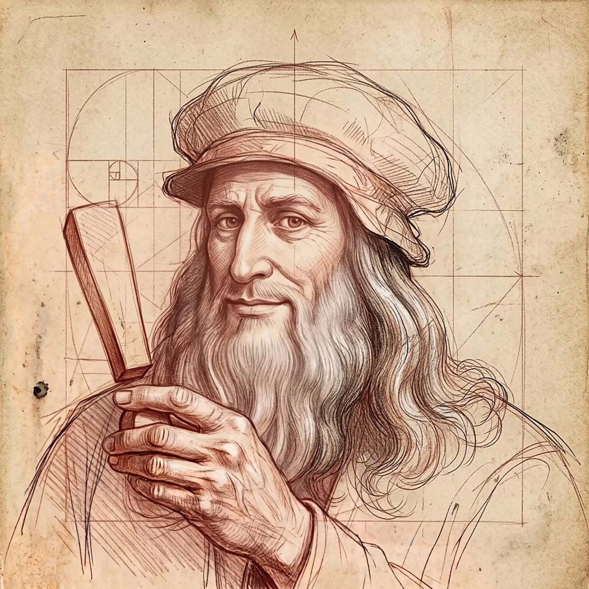 Szkic Leonardo trzymającego znak wykrzyknika - rozwijanie pasji w Liceum Ogólnokształcącym Leonardo SVS w Szczecinie
