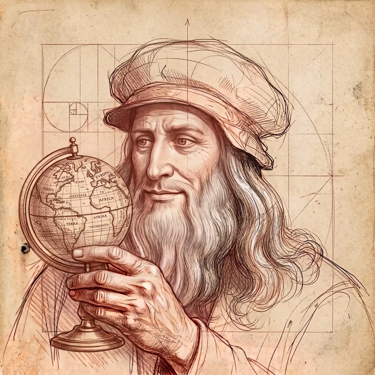 Szkic Leonardo trzymającego globu - geografia w Liceum Ogólnokształcącym Leonardo SVS w Szczecinie