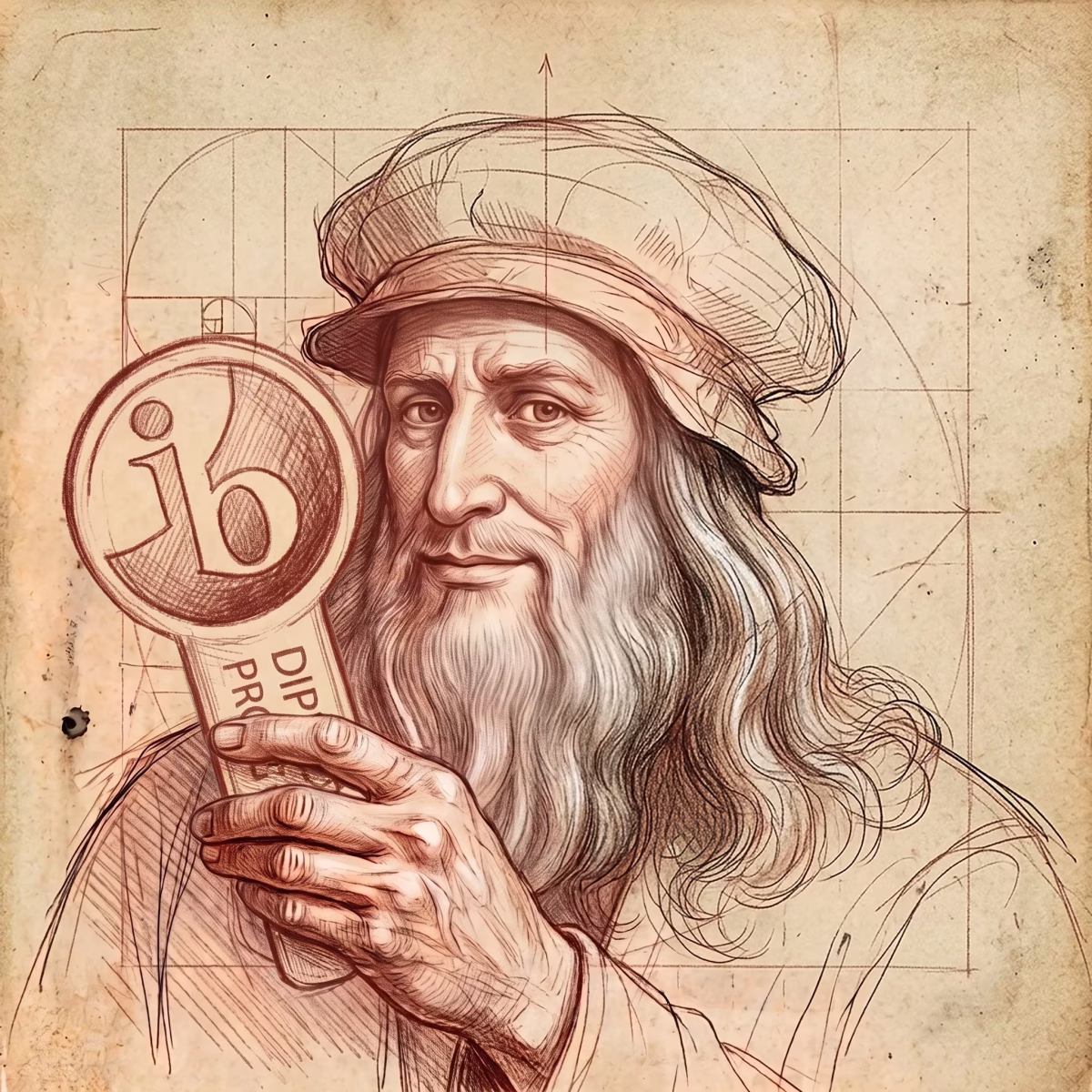 Szkic Leonardo trzymającego znak IB Diploma Programme - Akredytacja IBO Liceum Ogólnokształcącego Leonardo SVS w Szczecinie