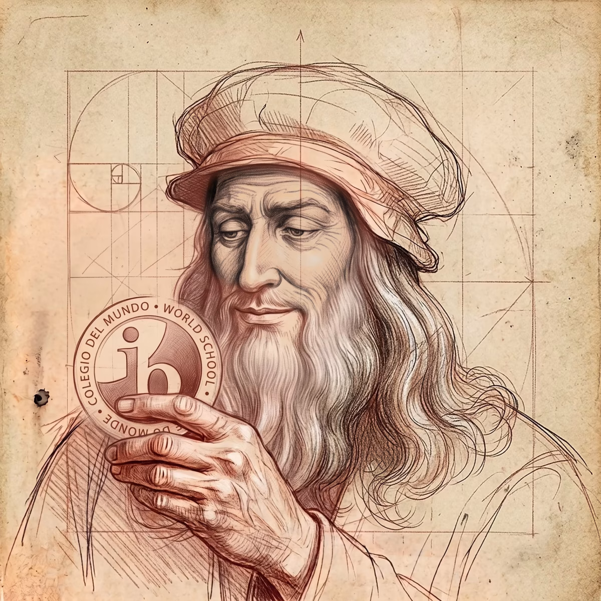 Szkic Leonardo trzymającego logotyp IBO - akredytacja Liceum Ogólnokształcącego Leonardo SVS w Szczecinie