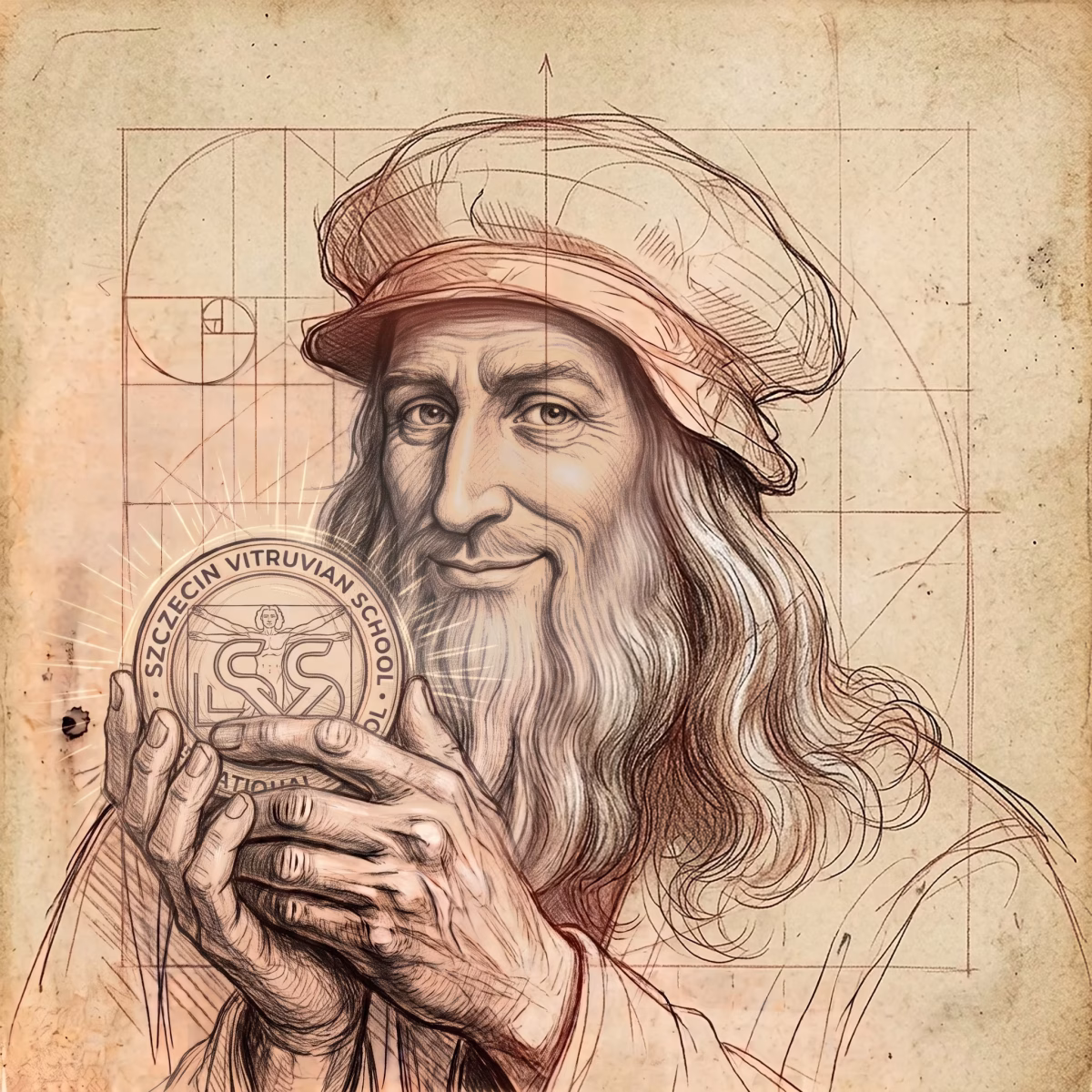 Szkic Leonardo trzymającego logotyp Liceum Ogólnokształcącego Leonardo SVS w Szczecinie