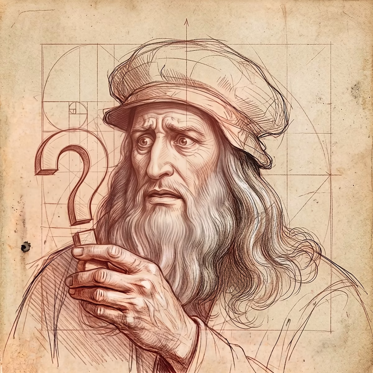 Szkic Leonardo trzymającego znak zapytania- Poszukiwanie odpowiedzi w Liceum Ogólnokształcącym Leonardo SVS w Szczecinie