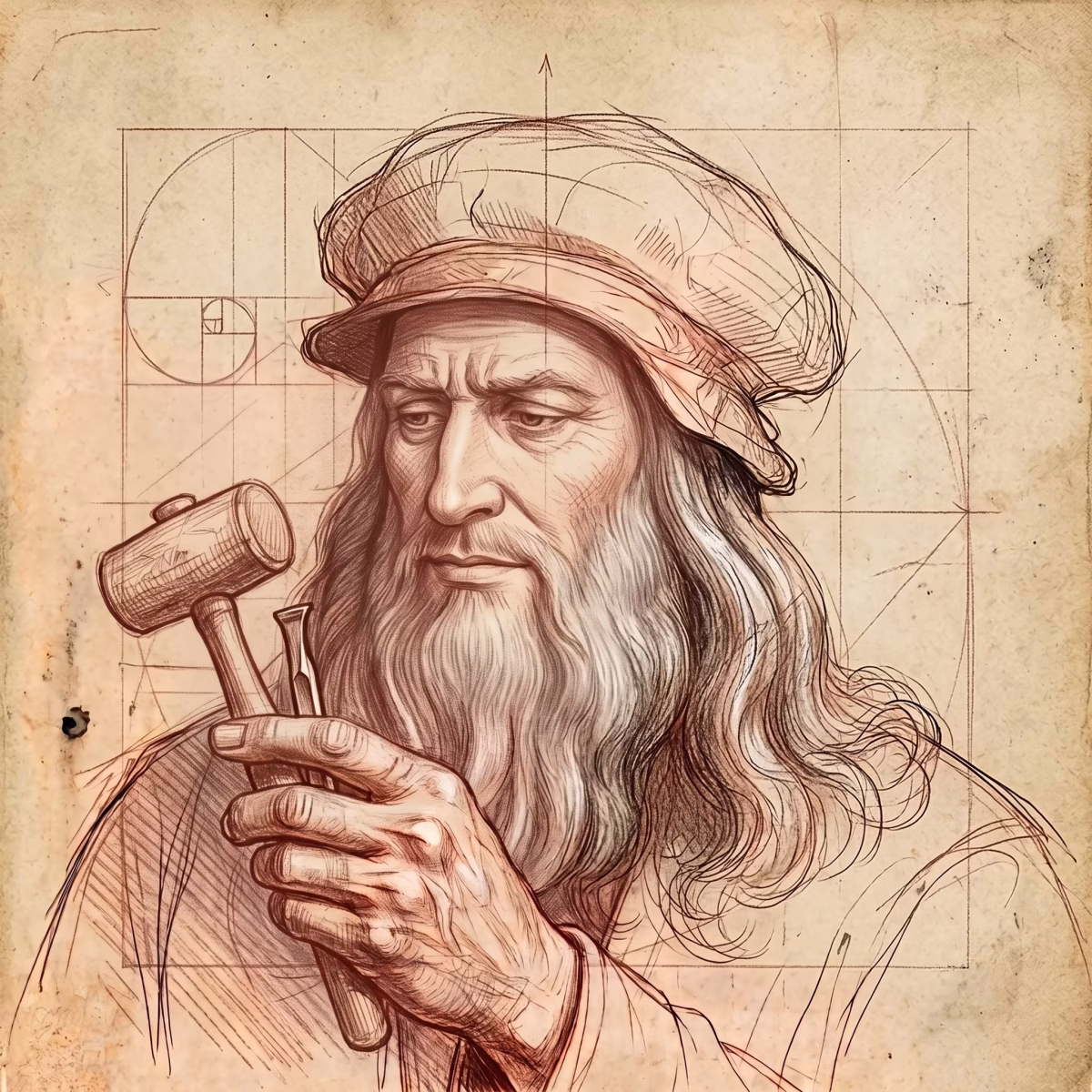 Szkic Leonardo trzymającego dłuto i młotek - zajęcia techniczne w Liceum Ogólnokształcącym Leonardo SVS w Szczecinie