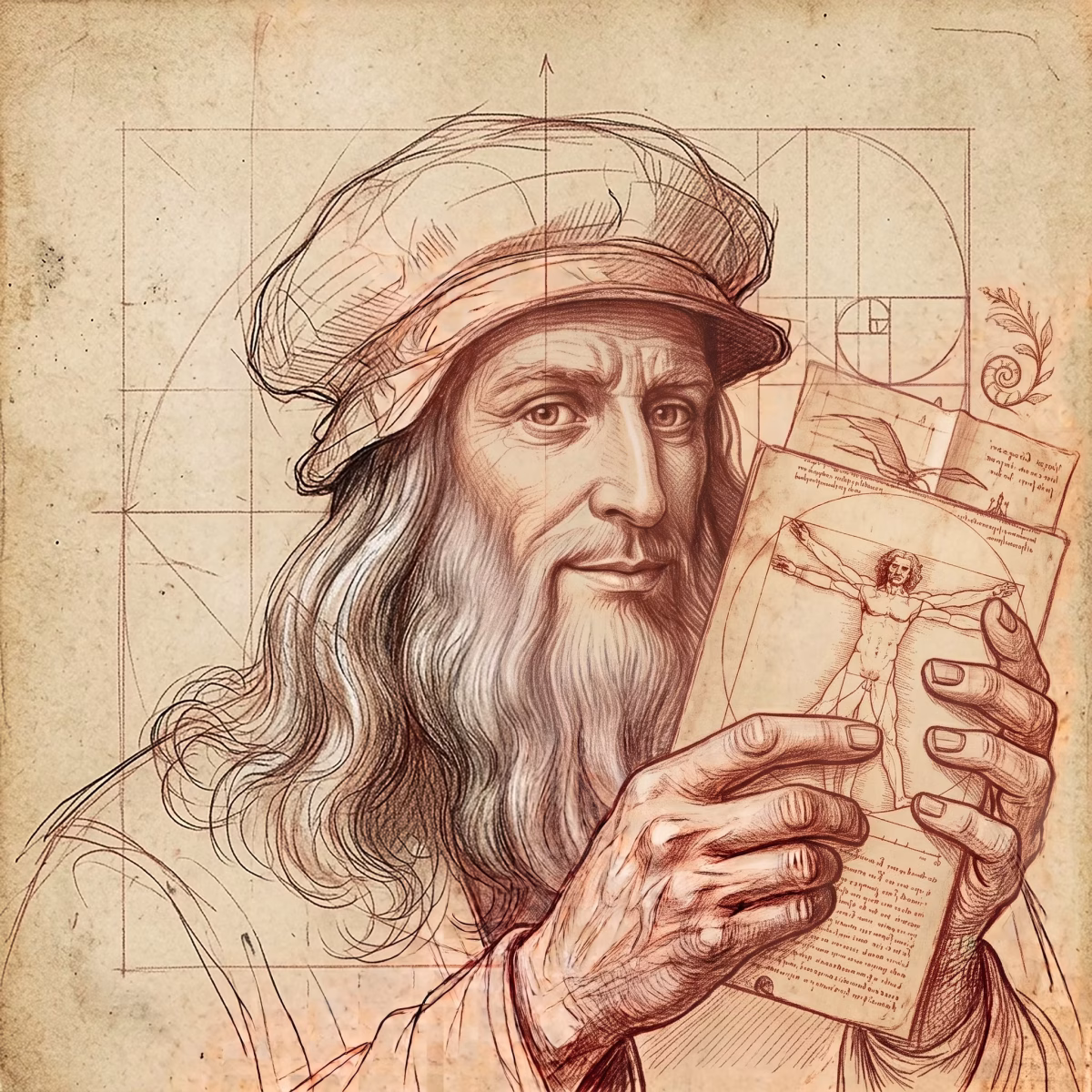 Szkic Leonardo da Vinci pokazującego wszechstronność swoich zainteresowań - zarówno technicznych jak i humanistycznych - wspomagamy oba, pomoc w ich rozwoju otrzymasz wybierając jedną ze ścieżek edukacyjnych w Prywatnym Liceum Ogólnokształcącym Leonardo SVS akredytowanego w IBO w Szczecinie.
