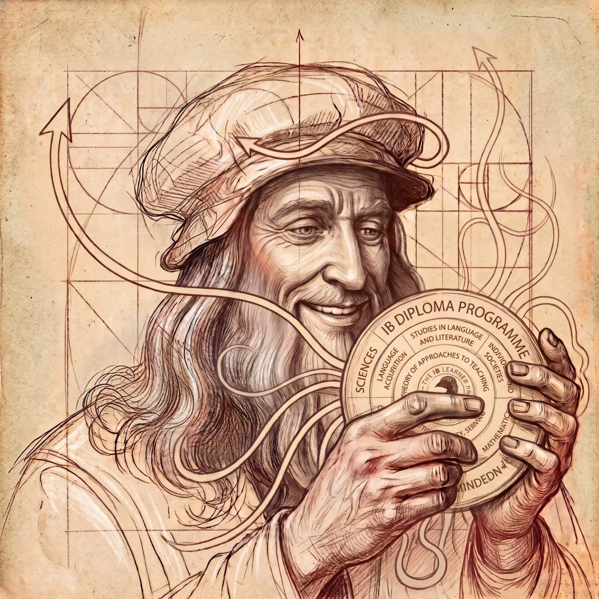 Szkic Leonardo trzymającego koło IBO Diploma - akredytacja Liceum Ogólnokształcącego Leonardo SVS w Szczecinie