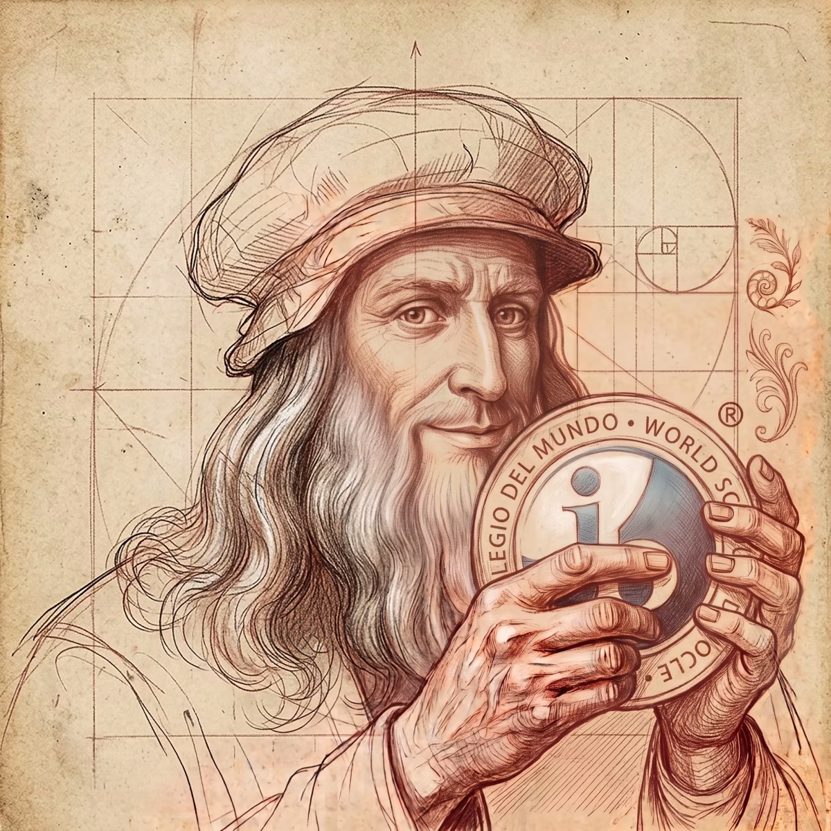 Szkic Leonardo trzymającego znak IB - Akredytacja IBO Liceum Ogólnokształcącego Leonardo SVS w Szczecinie