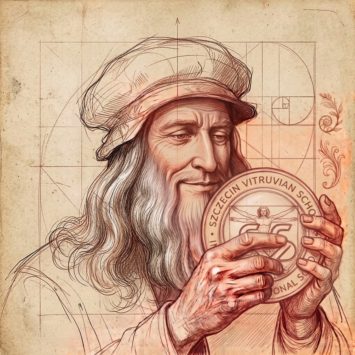Szkic Leonardo trzymającego logo Liceum Ogólnokształcącego Leonardo SVS w Szczecinie