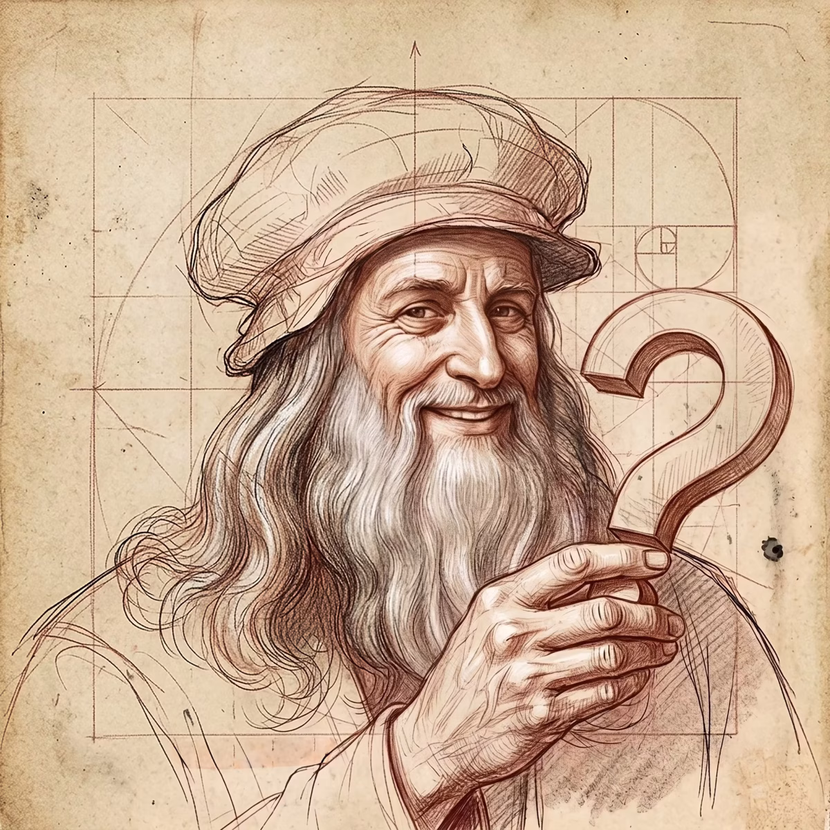 Szkic Leonardo da Vinci znającego odpowiedzi - odpowiedź na trudne pytania, otrzymasz również wybierając jedną ze ścieżek edukacyjnych w Prywatnym Liceum Ogólnokształcącym Leonardo SVS akredytowanego w IBO w Szczecinie.
