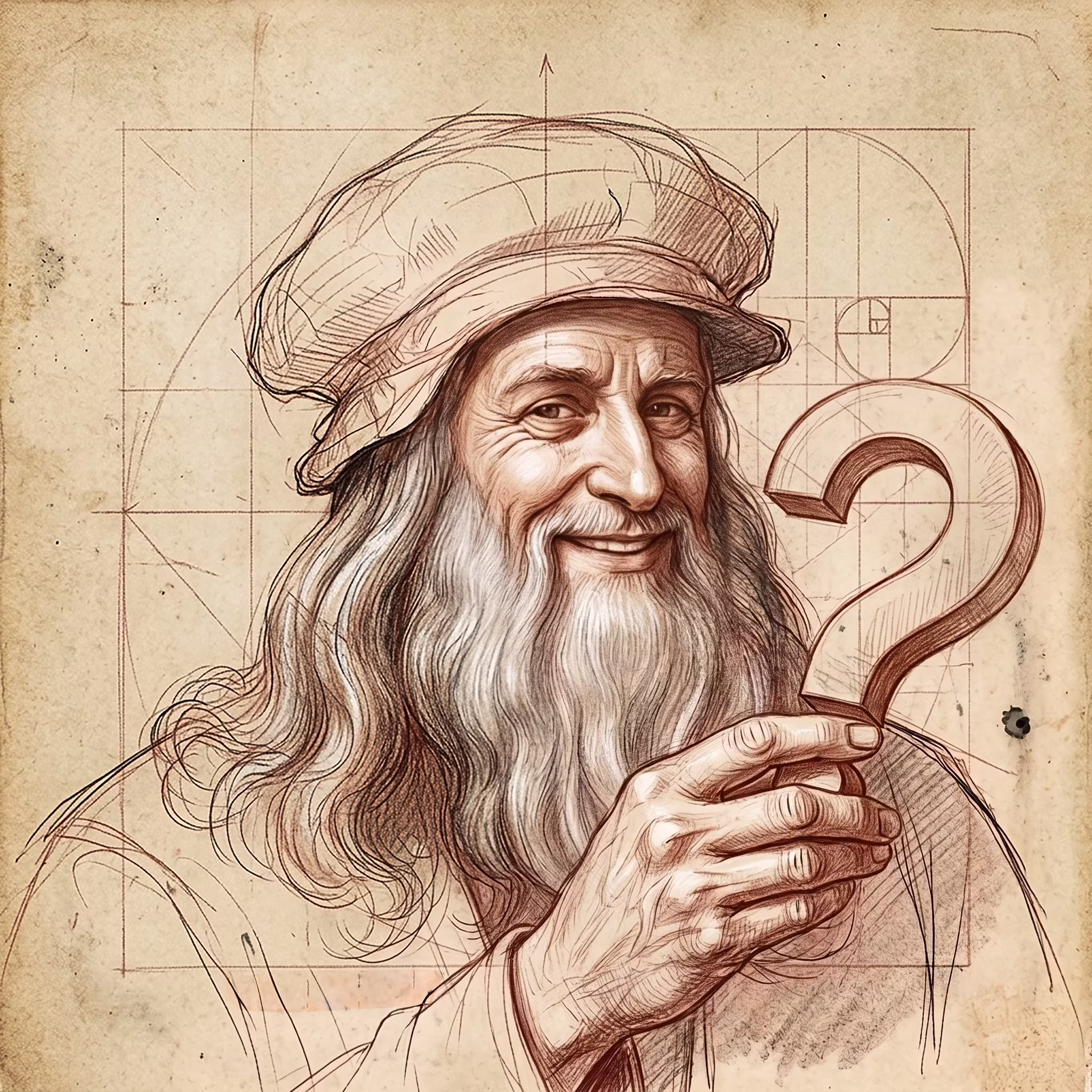 Szkic Leonardo da Vinci znającego odpowiedzi - odpowiedź na trudne pytania, otrzymasz również wybierając jedną ze ścieżek edukacyjnych w Prywatnym Liceum Ogólnokształcącym Leonardo SVS akredytowanego w IBO w Szczecinie.